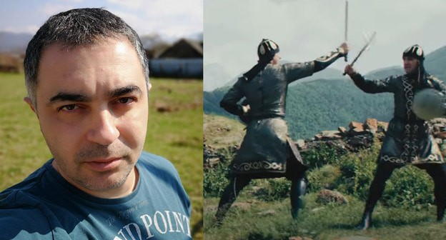 Заур Фарниев, бой реконструкторов на мечах в аланской одежде (кадр из видеоклипа Альбины и Фати Царикаевых "Аланы"). Коллаж "Кавказского узла",  Фото с личной страницы Facebook, кадр видео https://www.youtube.com/watch?v=Tg4EJgAaMks&feature=emb_logo