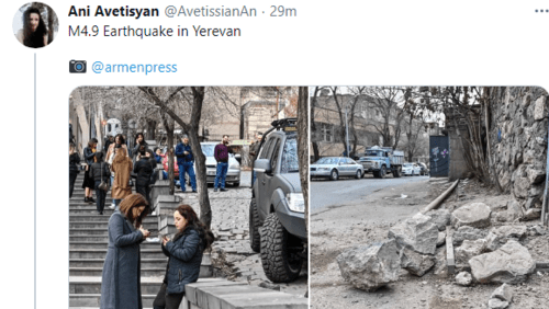 Последствия землетрясения в Ереване 13 февраля 2021 года. Скриншот сообщения https://twitter.com/AvetissianAn/status/1360565417182437377