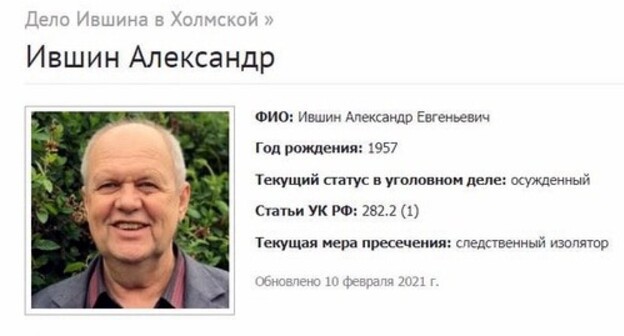 Александр Ившин. Скриншот фрагмента страницы сайта, где собраны сведения об уголовных делах в отношении российских Свидетелей Иеговы*.
