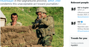 Скриншот публикации "Репортеров без границ" об инциденте на армяно-азербайджанской границе 15 июня 2021 года, https://twitter.com/RSF_en/status/1407747497863307266
