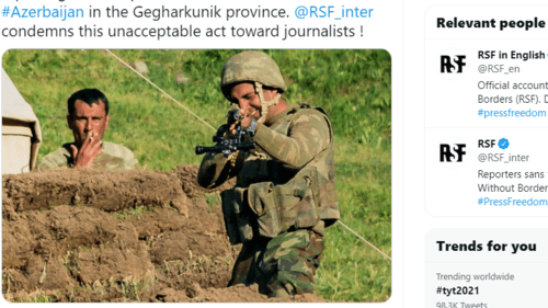 Скриншот публикации "Репортеров без границ" об инциденте на армяно-азербайджанской границе 15 июня 2021 года, https://twitter.com/RSF_en/status/1407747497863307266