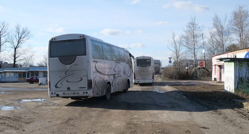 Автобусы, на которых привезли в Ростовскую область беженцев из Луганска. 19 февраля 2022 года. Фото Сергея Снежина для «Кавказского узла».