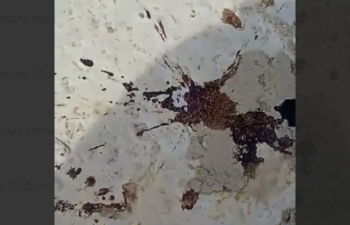 Пятна крови на месте избиения Бекболатова. Стоп-кадр видео, опубликованного в Telegram-канале "Черновика" 24.08.22.,https://t.me/chernovik/35916.