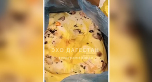 Испорченное сливочное масло, найденное в пищеблоке одной из школ Махачкалы. Стопкадр из видео на странице https://www.instagram.com/p/Cl4D9eyO3Ie/