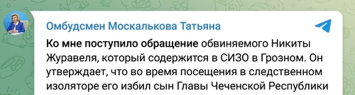 Скриншот публикации Татьяны Москальковой https://t.me/ombudsmanrf/2892