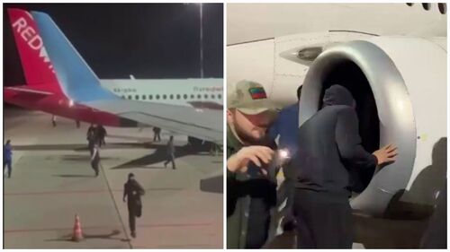 Протестующие на взлетно-посадочной полосе в аэропорту Махачкалы. Нападавшие осматривают турбину самолета. Коллаж “Кавказского узла”. Фото: стоп-кадр видео https://t.me/rusnews/43379, https://t.me/bazabazon/22578
