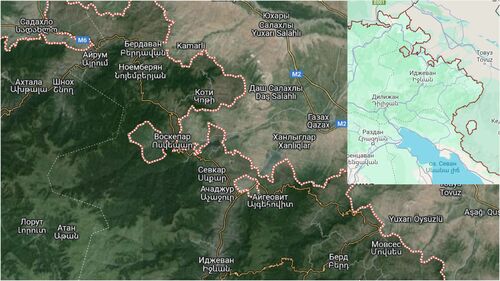Карта расположения границы Армении и Азербайджана в районе спорных сел. Скришот https://www.google.com/maps
