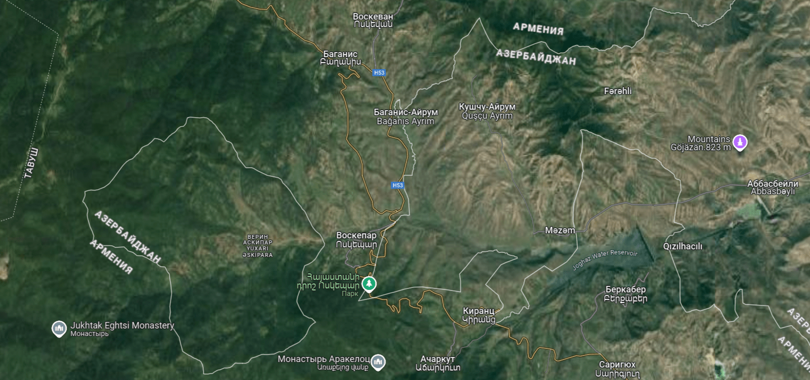 Села Воскепар, Баганис и Воскеван. Скриншот https://www.google.com/maps Села Воскепар, Баганис и Воскеван. Скриншот https://www.google.com/maps