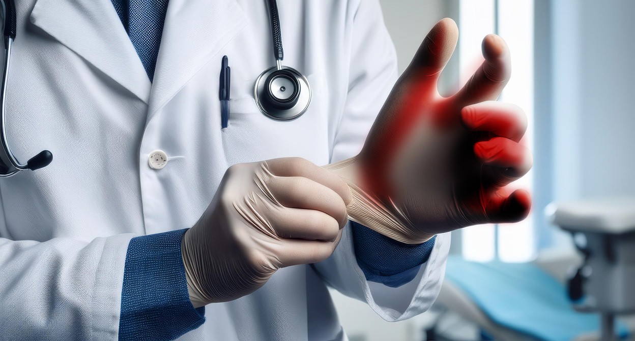 Врач снимает перчатки. Иллюстрация создана «Кавказским узлом» с помощью ИИ в программе Photoshop

