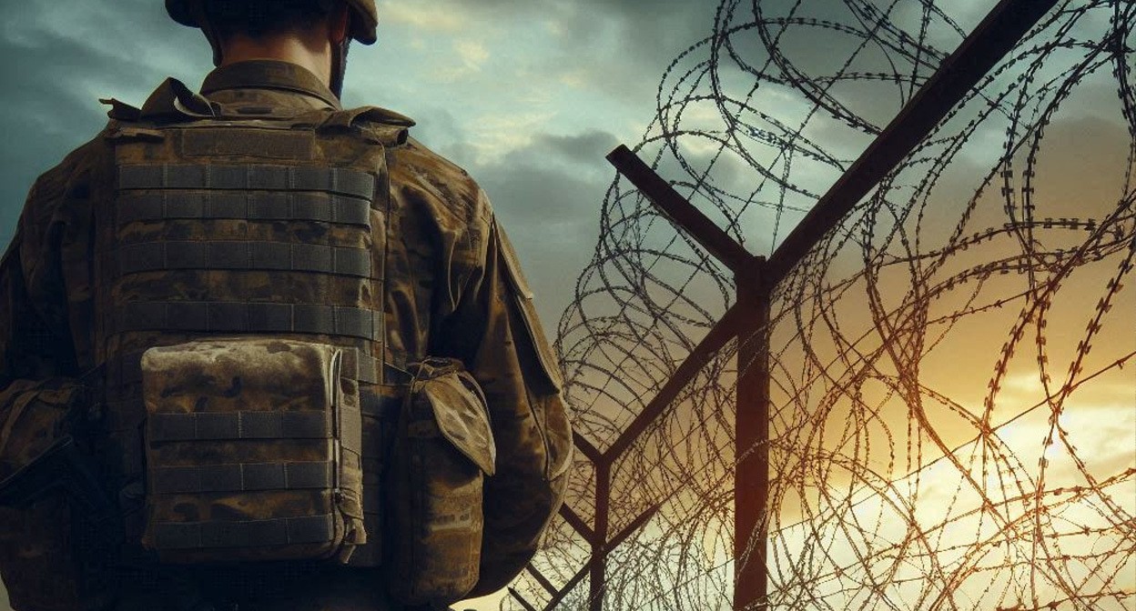 Военный у колючей проволоки. Иллюстрация создана «Кавказским узлом» с помощью ИИ в программе Photoshop
