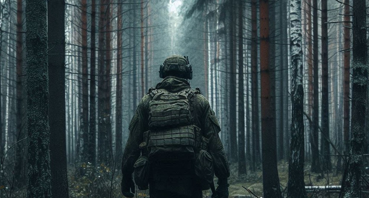 Военный в лесу. Иллюстрация создана «Кавказским узлом» с помощью ИИ в программе Photoshop
