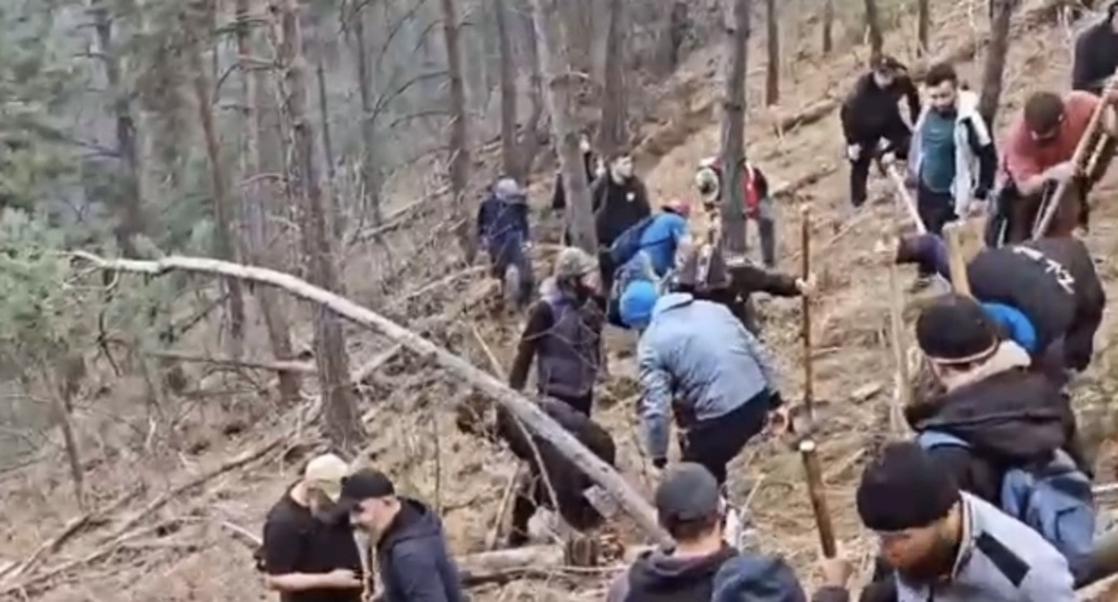 Сельчане тушат лесной пожар в Левашинском районе Дагестана. Фрагмент видео t.me/KhadulaevShamil/10834