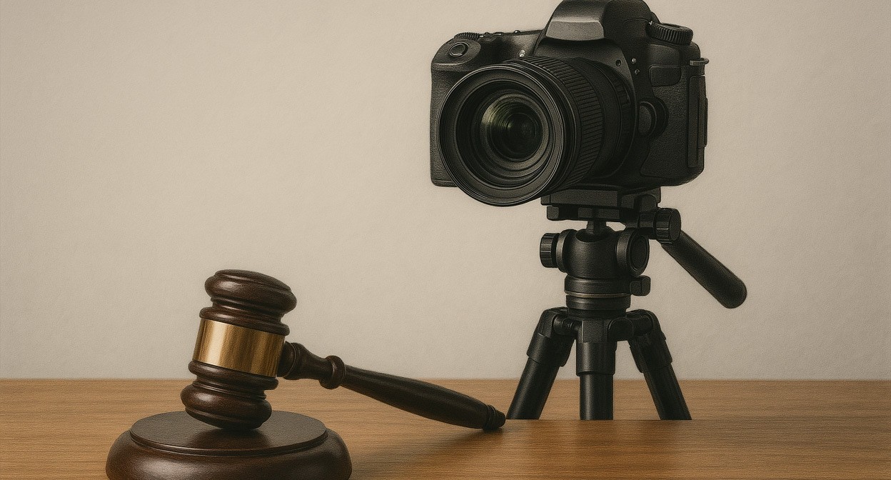 Трансляция суда. Иллюстрация создана "Кавказским узлом" с помощью ИИ в программе Copilot