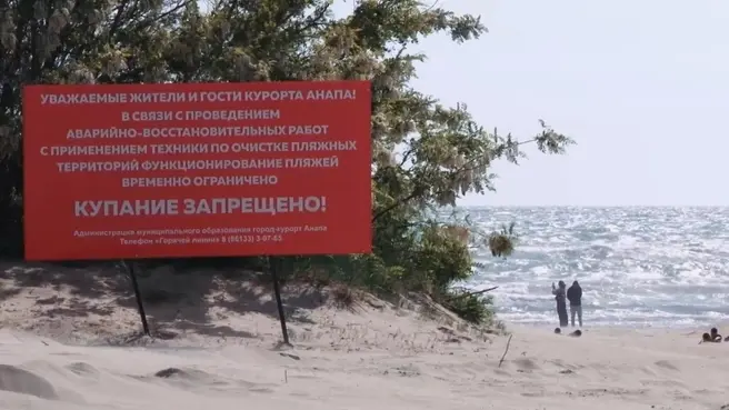 Табличка о запрете купания, установленная на пляже в Анапе. Фото: Оперштаб Кубани