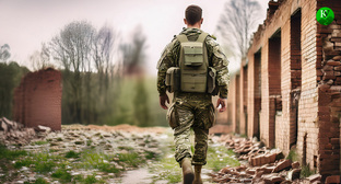 Военный на СВО. Иллюстрация создана «Кавказским узлом» с помощью ИИ в программе Photoshop