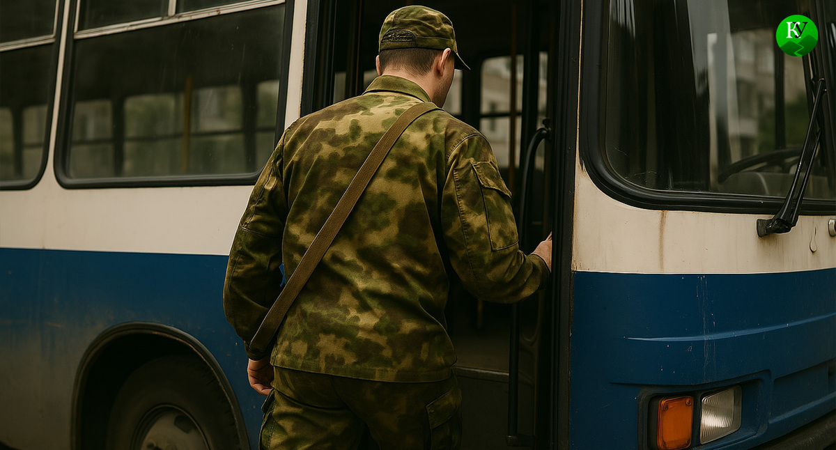 Военный заходит в автобус. Иллюстрация создана "Кавказским узлом" с помощью ИИ в программе Copilot