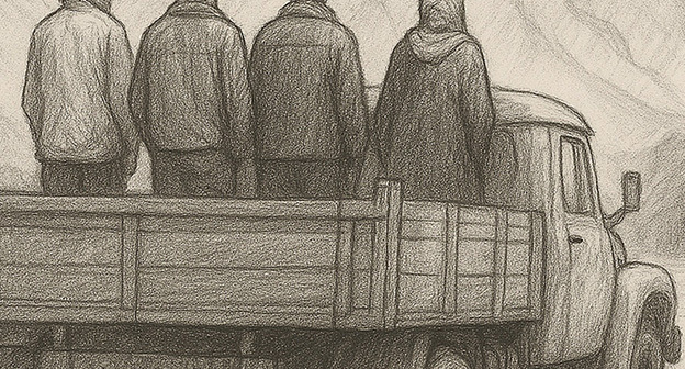 Люди в грузовике. Иллюстрация "Кавказского узла" созданная при помощи программы Copilot