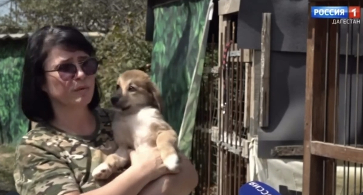 Ирина Карпова с щенком Дафной на руках. Кадр видеосюжета телеканала "Россия Дагестан".