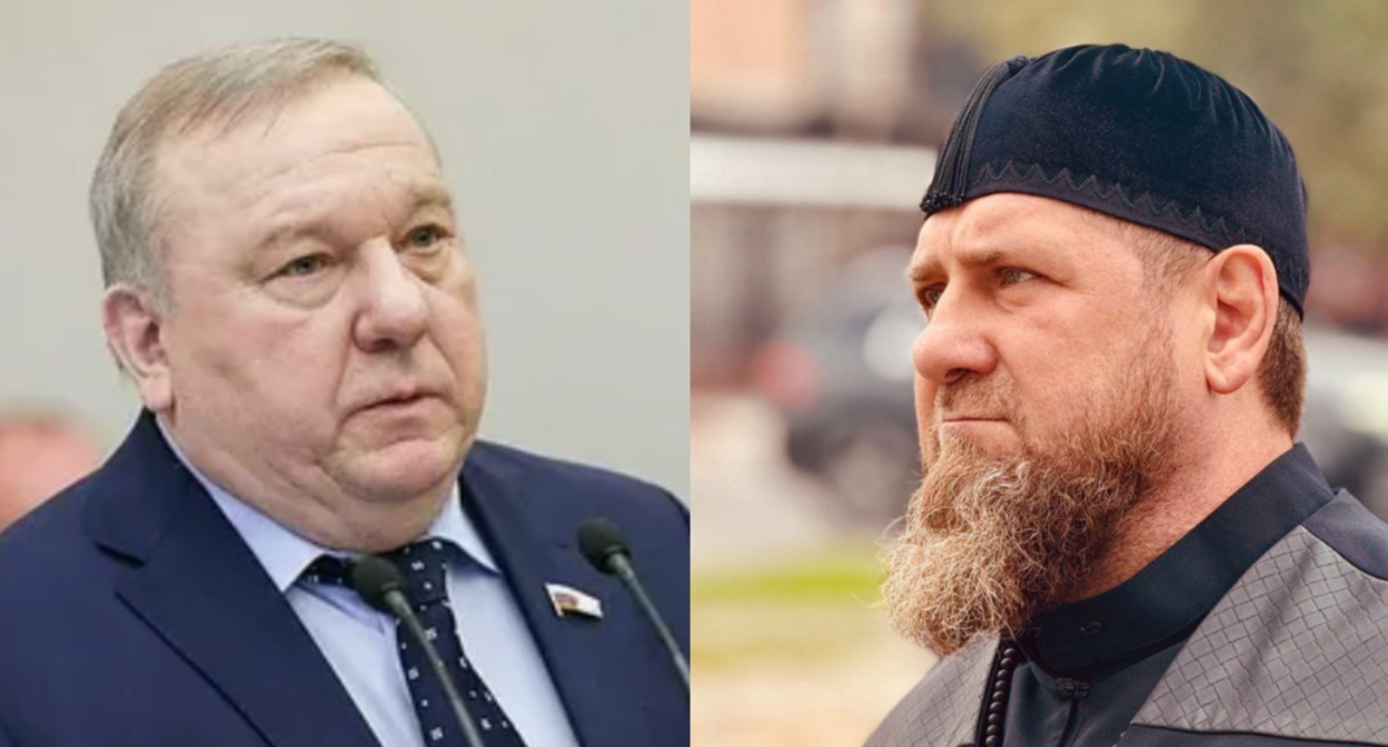 Владимир Шаманов (слева, фото с сайта Госдумы http://duma.gov.ru/news/27520/) и Рамзан Кадыров ( фото из его Telegram-канала https://t.me/RKadyrov_95/5525). Коллаж "Кавказского узла".