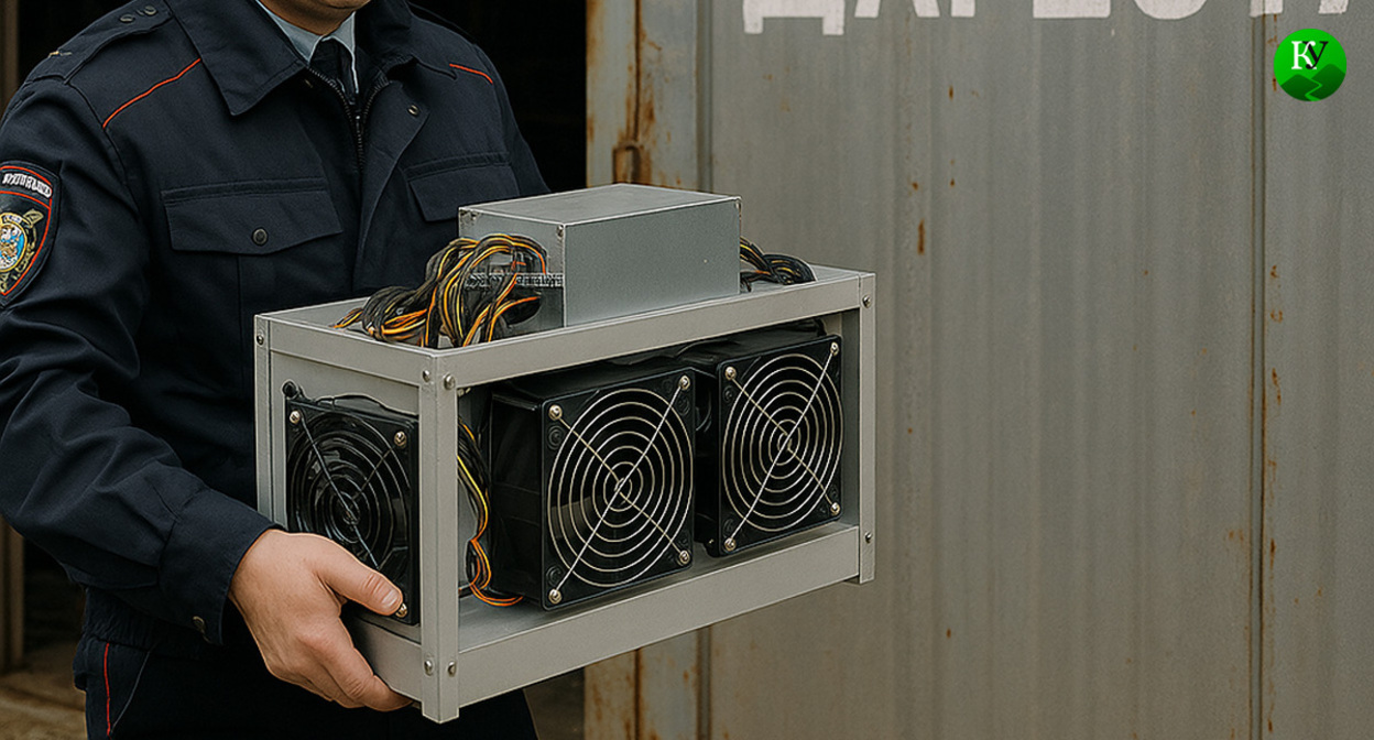 Полицейский выносит оборудование для майнинга. Иллюстрация создана "Кавказским узлом" с помощью ИИ в программе Copilot