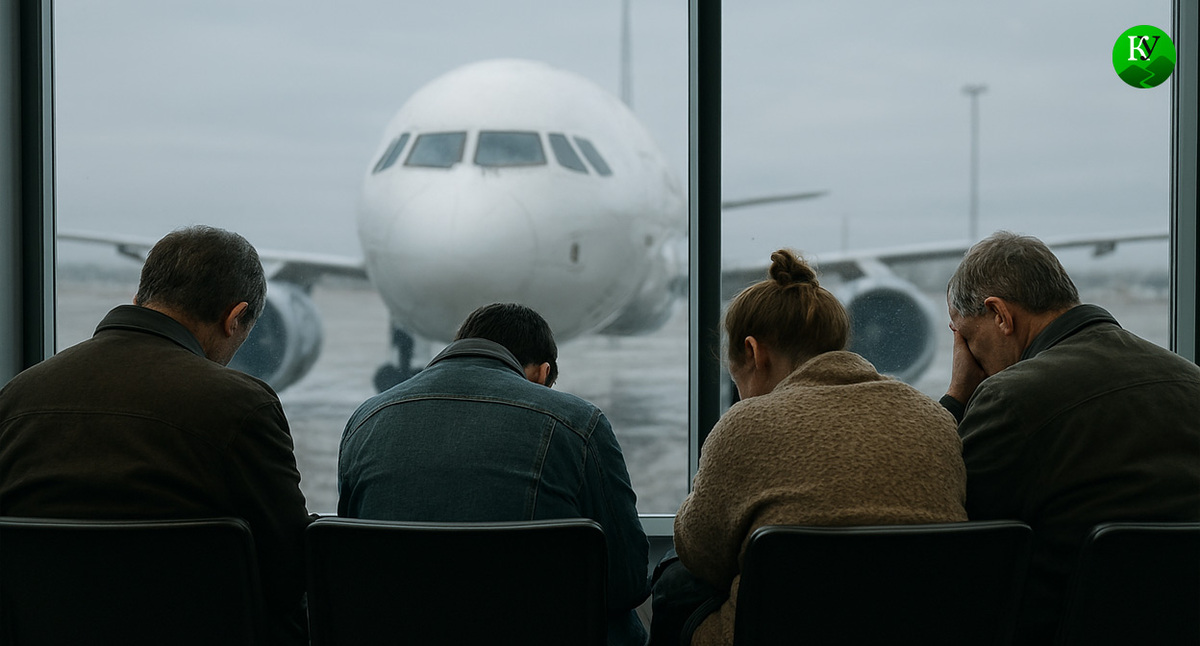 Пассажиры ждут вылета. Иллюстрация создана «Кавказским узлом» с помощью ИИ в программе Copilot