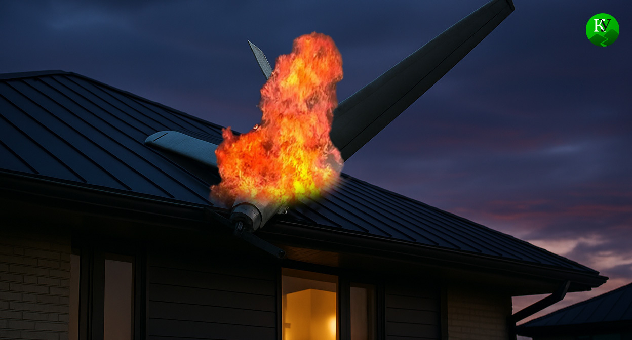 БПЛА упал на частный дом. Иллюстрация создана «Кавказским узлом» с помощью ИИ в программе Copilot