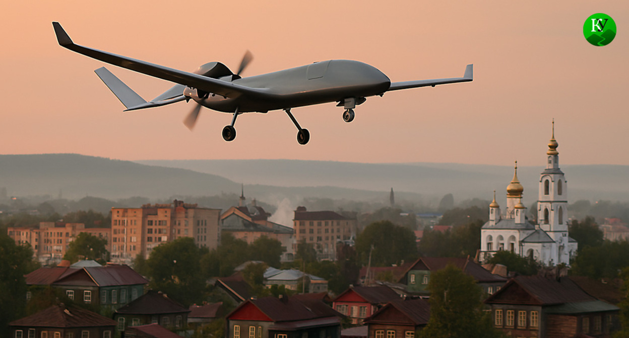 БПЛА над населенным пунктом. Иллюстрация создана «Кавказским узлом» с помощью ИИ в программе Copilot