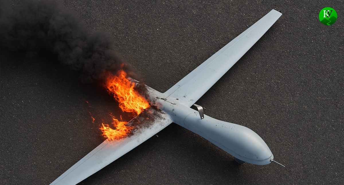 БПЛА горит. Иллюстрация создана «Кавказским узлом» с помощью ИИ в программе Copilot