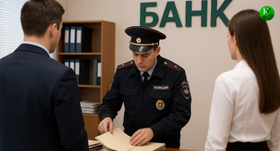 Обыск в банке. Иллюстрация создана «Кавказским узлом» с помощью ИИ в программе Copilot