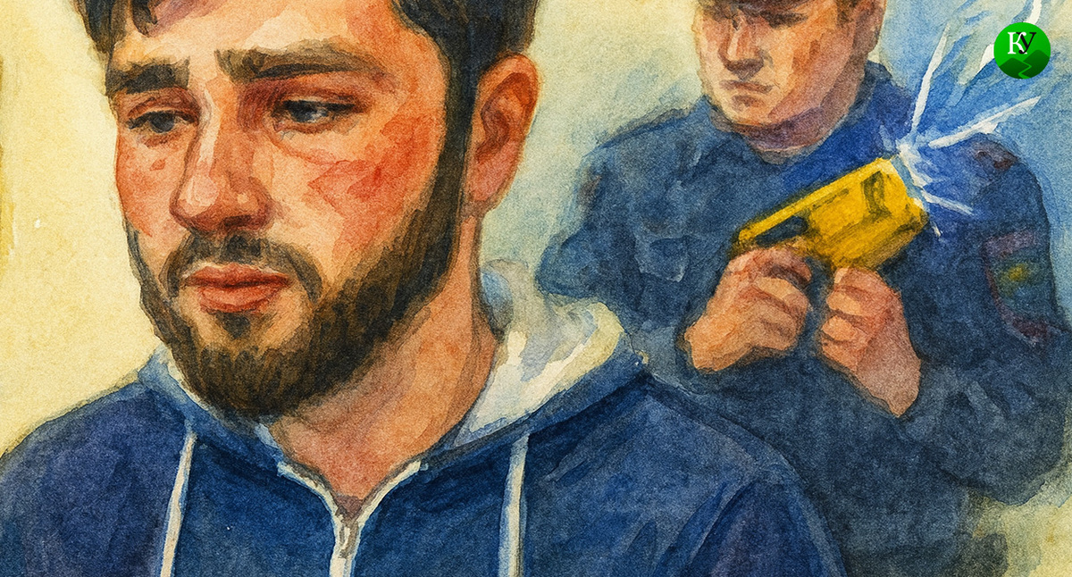 Эльдар Кюльбяков и силовик с электрошокером. Иллюстрация создана «Кавказским узлом» с помощью ИИ в программе Copilot