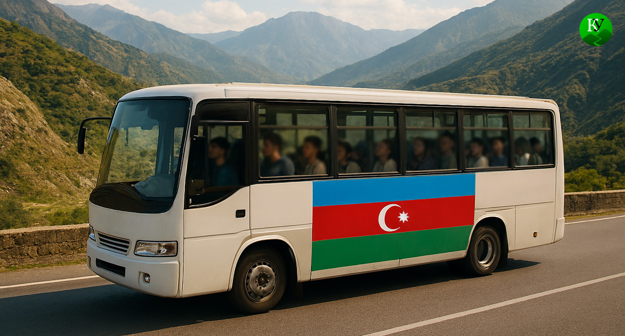 Автобус с переселенцами. Иллюстрация создана «Кавказским узлом» с помощью ИИ в программе Copilot
