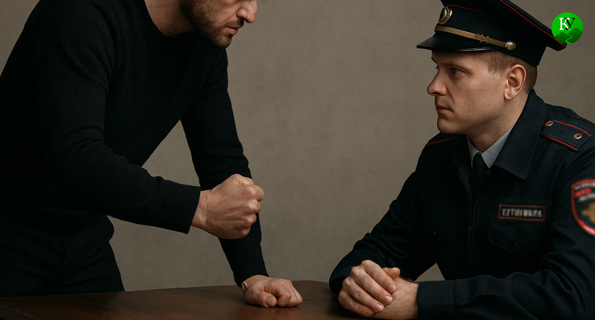 Мужчина угрожает силовику. Иллюстрация создана «Кавказским узлом» с помощью ИИ в программе Copilot