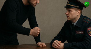 Мужчина угрожает силовику. Иллюстрация создана «Кавказским узлом» с помощью ИИ в программе Copilot