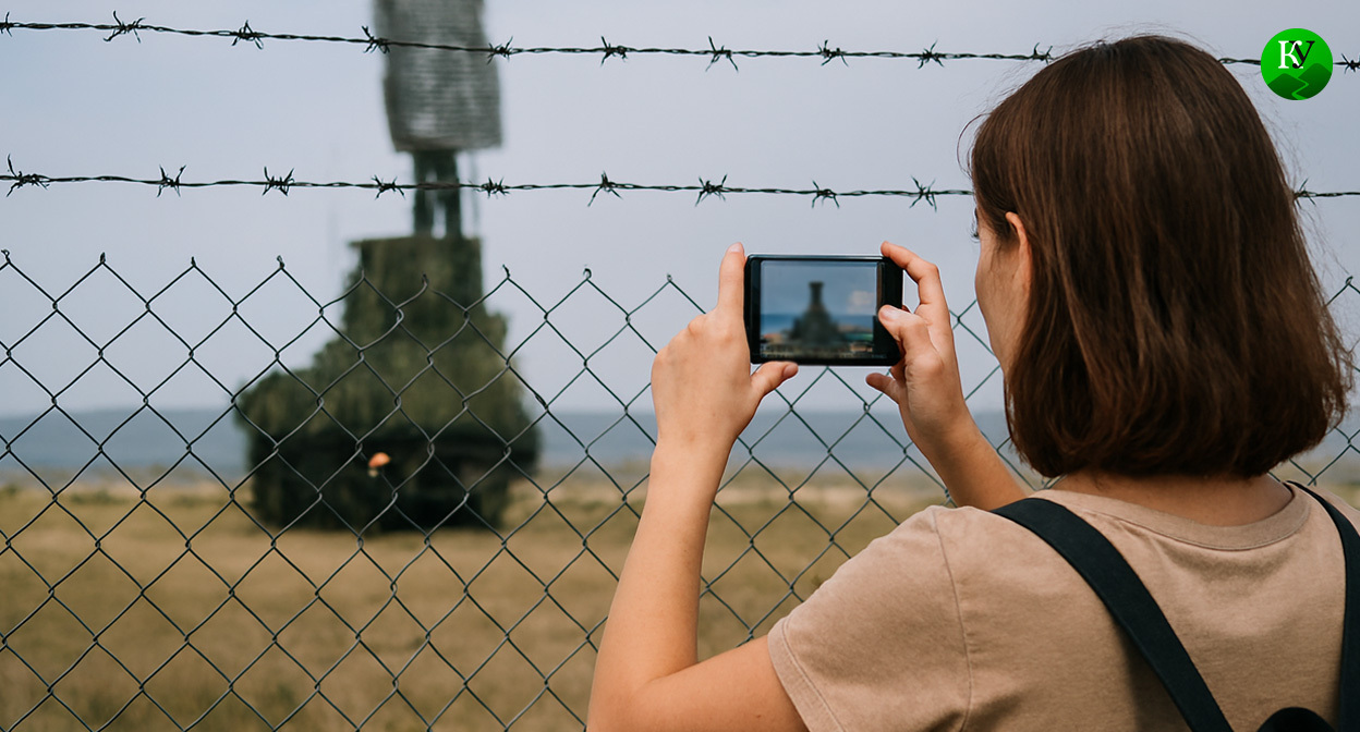 Девушка фотографирует военный объект. Иллюстрация создана «Кавказским узлом» с помощью ИИ в программе Copilot