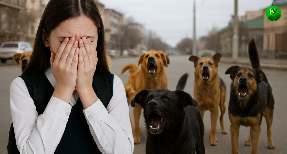 Школьница и стая собак. Иллюстрация создана «Кавказским узлом» с помощью ИИ в программе Copilot