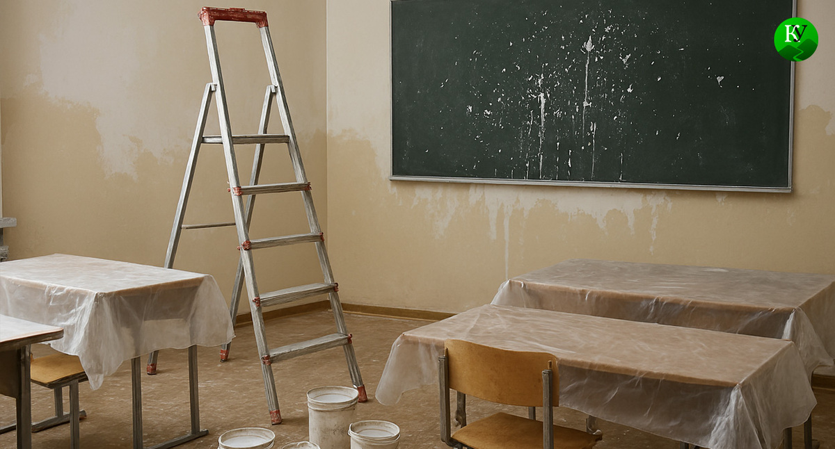 Ремонт в классе. Иллюстрация создана «Кавказским узлом» с помощью ИИ в программе Copilot