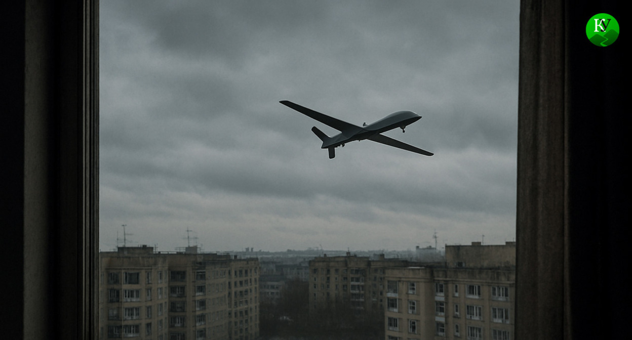 БПЛА над городом. Иллюстрация создана «Кавказским узлом» с помощью ИИ в прогр