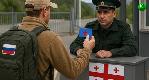 Турист показывает пограничнику страховку. 