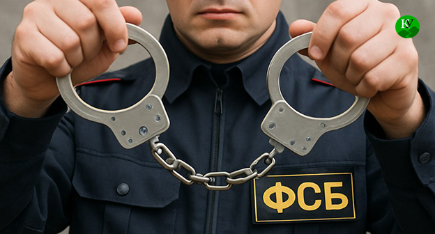 Сотрудник ФСБ держит наручники. Иллюстрация "Кавкаского узла" созданная ИИ при помощи программы Copilot