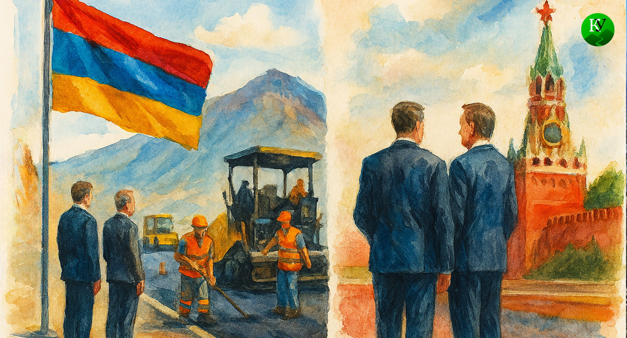 Строительство дороги и Кремль. Иллюстрация создана «Кавказским узлом» с помощью ИИ в программе Copilot