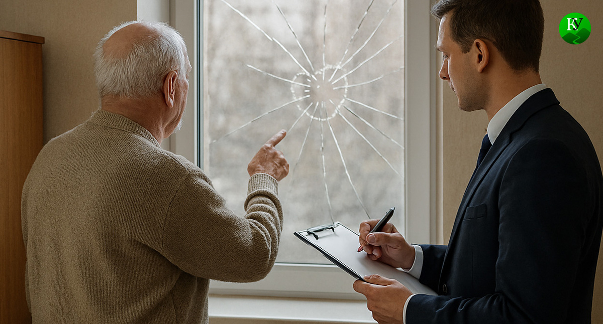 A pensioner shows the aftermath of an attack. This illustration was created by Caucasian Knot using AI in the Copilot program.
