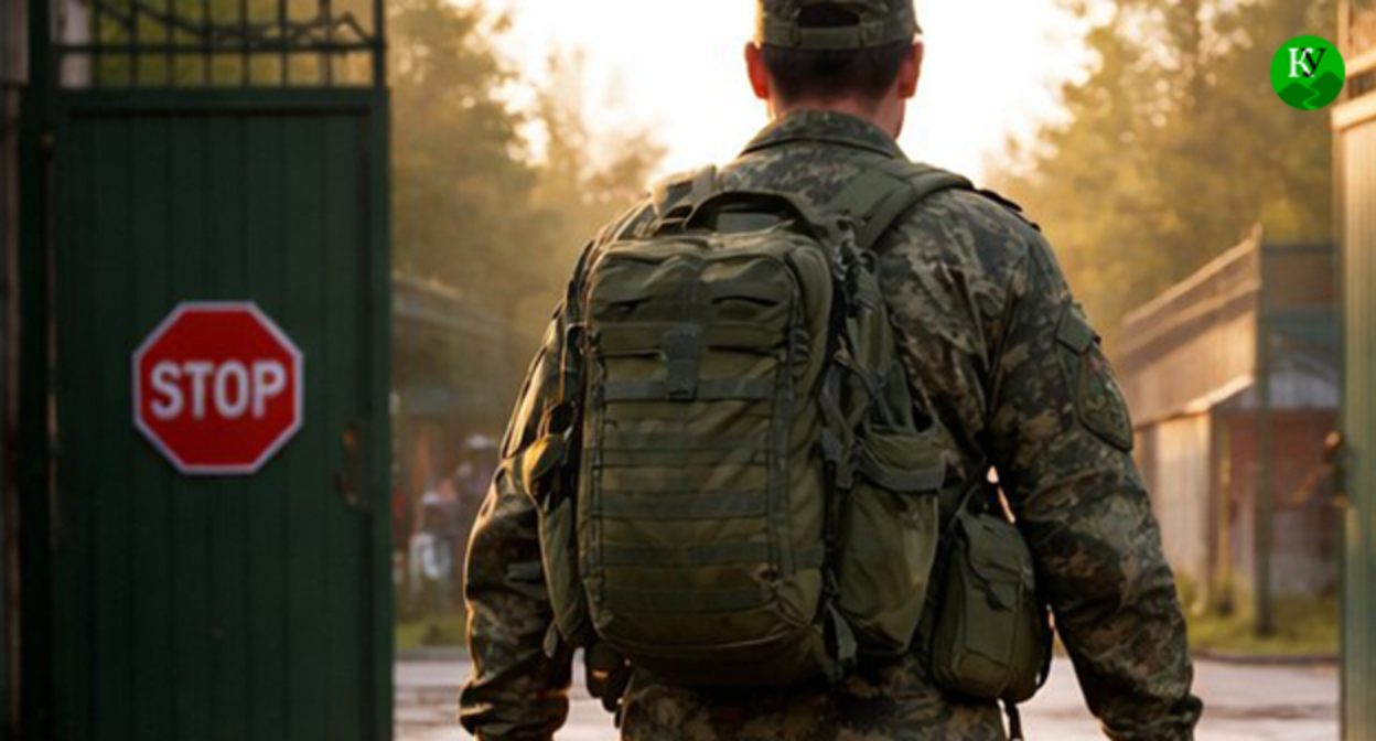 Военный уходит из части. Иллюстрация создана "Кавказским узлом" при помощи ИИ в программе Copilot