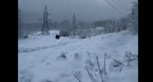 Энергетики в Адыгее пешком добираются до мест обрыва. Стоп-кадр видео из Telegram-канала Мурата Кумпилова от 03.01.26, https://t.me/muratkumpilov/18092.