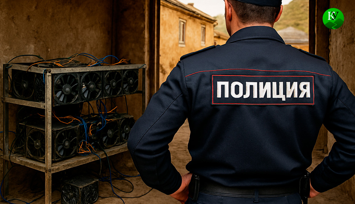 Полицейский и майнинг ферма. Иллюстрация создана «Кавказским узлом» с помощью ИИ в программе Copilot