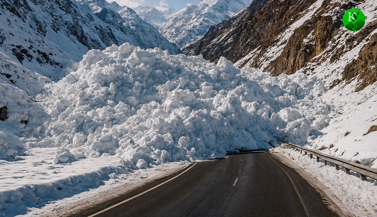 Лавина сошла на трассу. Иллюстрация создана «Кавказским узлом» с помощью ИИ в программе Copilot