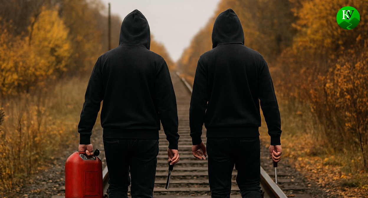 Поджигатели на железной дороге. Иллюстрация создана «Кавказским узлом» с помощью ИИ в программе Copilot