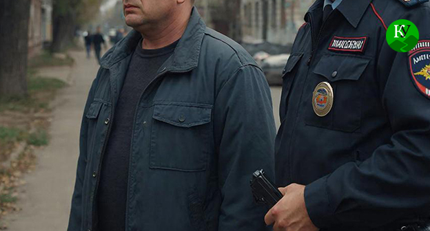 Сотрудник полиции стоит рядом с мужчиной. Иллюстрация создана "Кавказским узлом" при помощи ИИ в программе Copilot