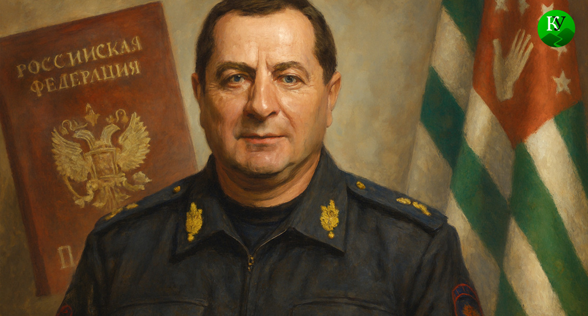 Глава МВД Абхазии Роберт Киут. Иллюстрация создана «Кавказским узлом» с помощью ИИ в программе Copilot