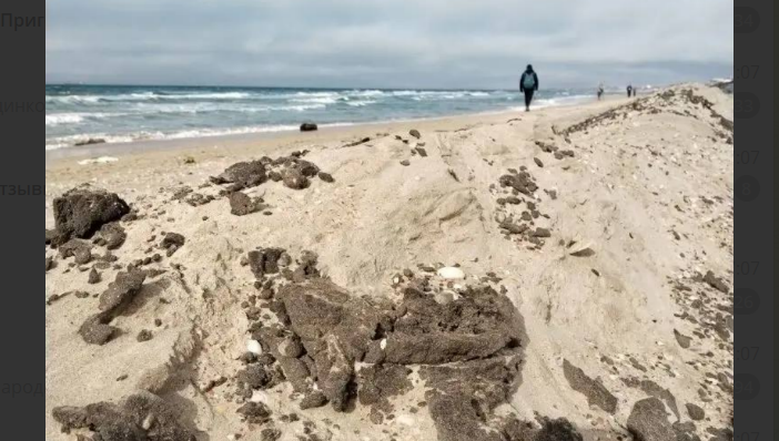 Мазутные пятна на берегу. Скриншот фото "Сети, сито, лопата" от 14.02.26, https://t.me/setisitolopata/2560?single. 