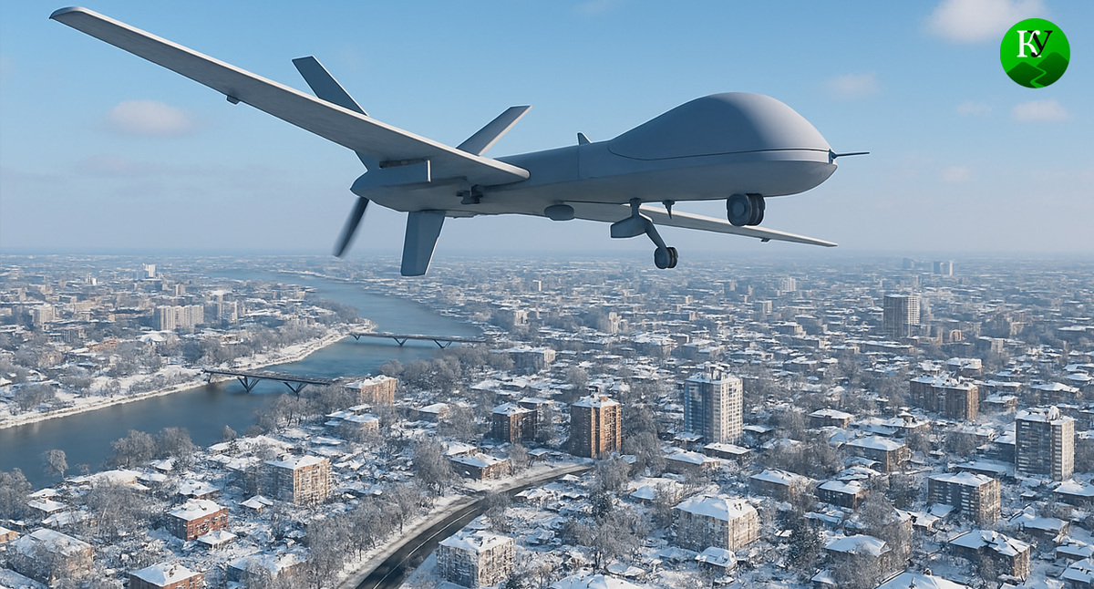 Беспилотник над городом. Иллюстрация создана «Кавказским узлом» с помощью ИИ в программе Copilot